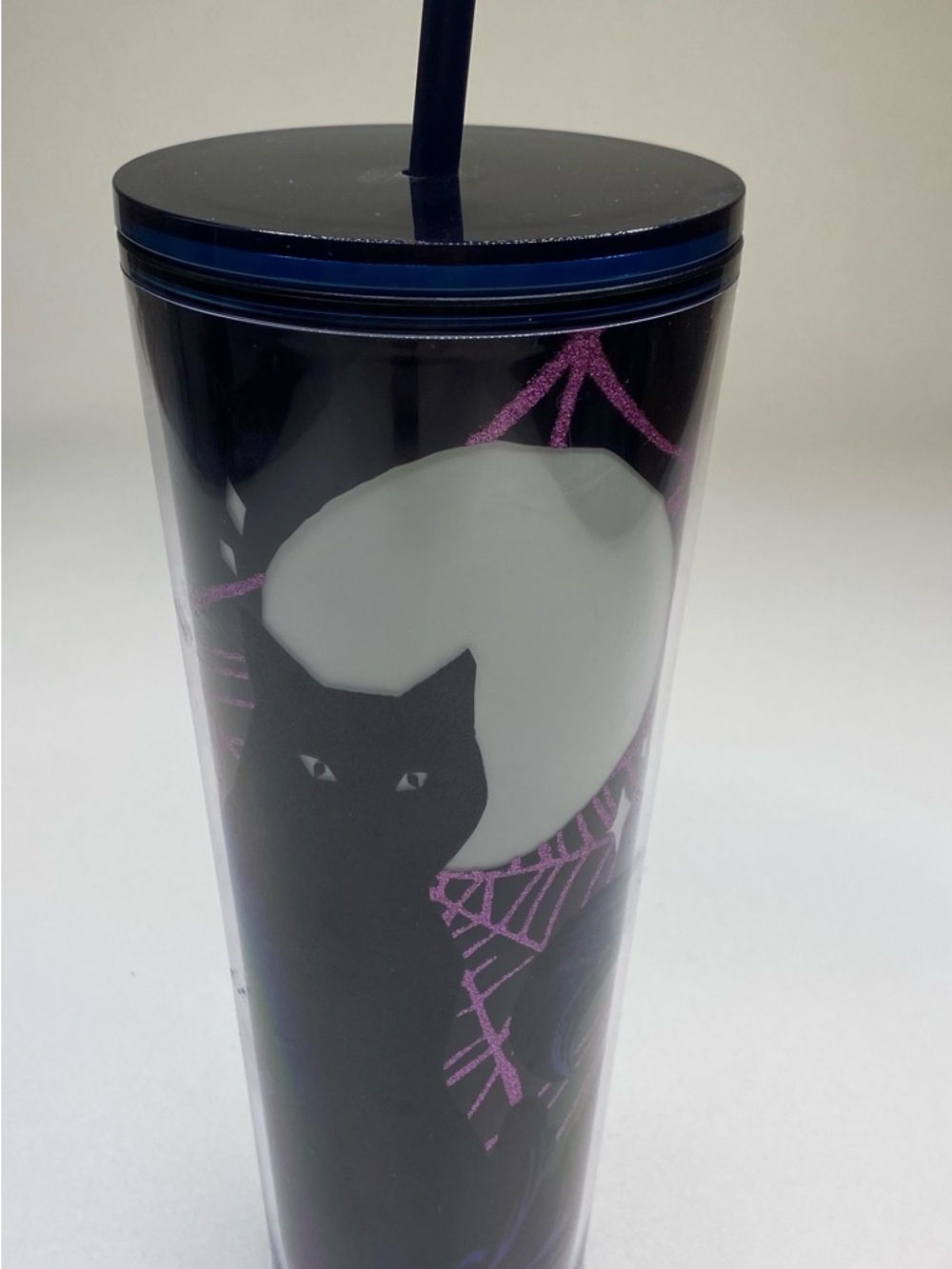 Starbucks Black Cat Moon Acrylic Tumbler with Straw - Black, White, Purple